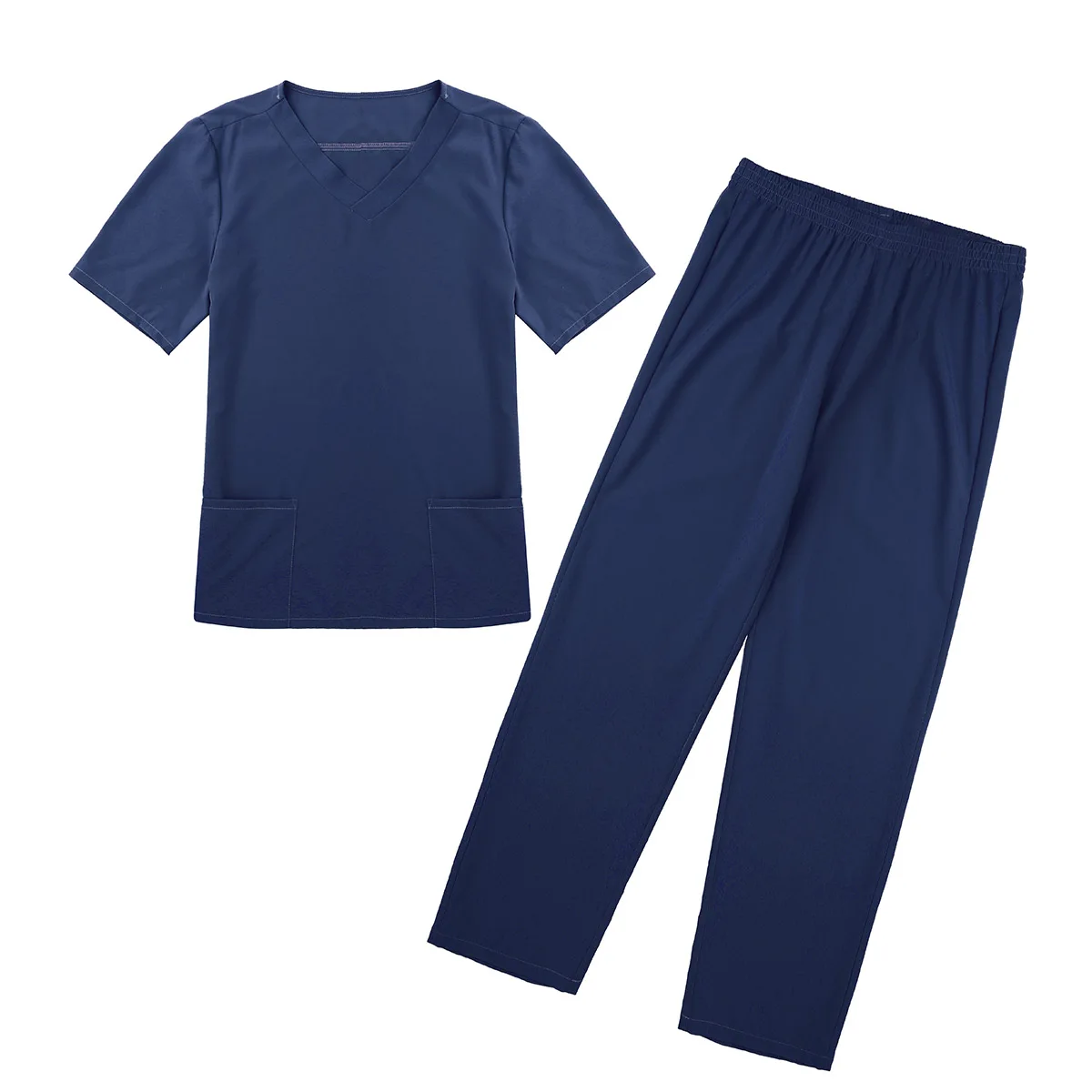 2 шт., унисекс, для взрослых, медицинский, медицинский, для медсестер, костюм, Униформа, костюмы, v-образный вырез, короткий рукав, топ с эластичной талией, длинные штаны - Цвет: Navy Blue