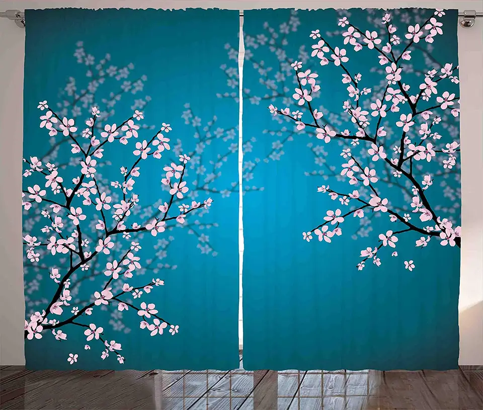 Teal Curtains Pink Blossoms Leaves Plants Ombre Spring Japanese