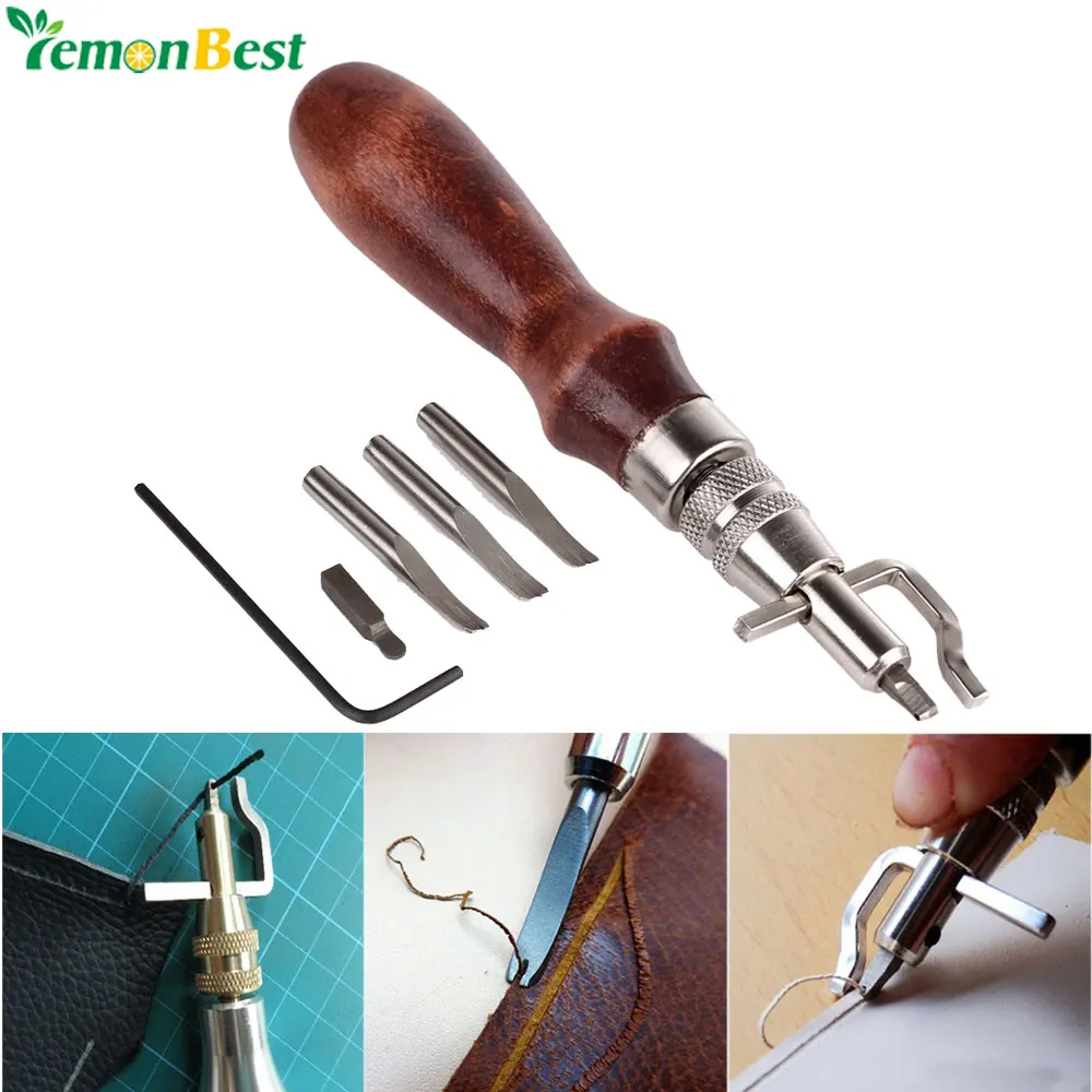 

5 In 1 DIY Wood Leathercraft Adjustable Pro Leather Stitching Groover Crease Leather Tools with 3 Replace Edge Beveler Tips