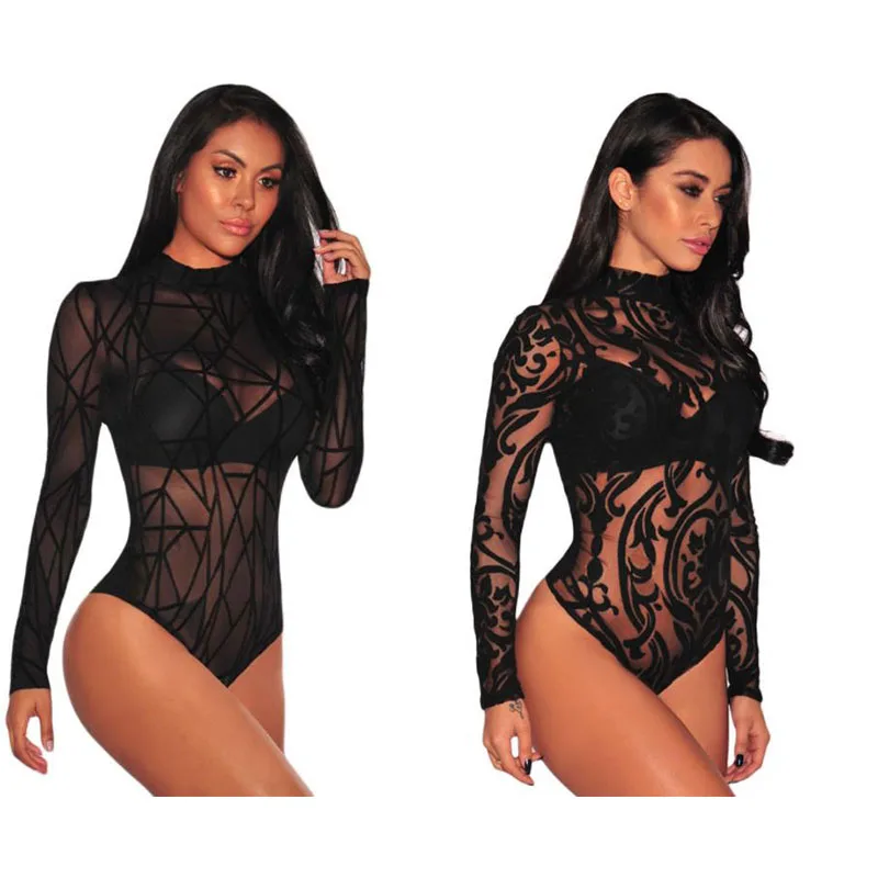 

Sexy Women Mesh Fish Net Slim Bodysuit Leotard Top Long Sleeve