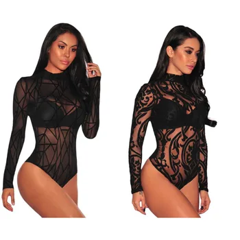 

Sexy Women Mesh Fish Net Slim Bodysuit Leotard Top Long Sleeve