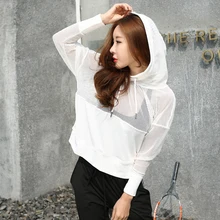 Фитнес Спортивная Для женщин спортивный костюм Топ с длинным рукавом Бег рубашка женская футболка тренировки тренажерный зал куртка с капюшоном с видеть сквозь сетчатые