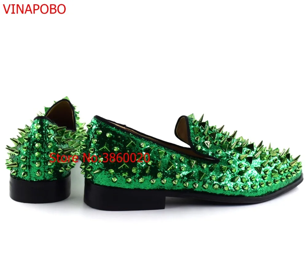 Fashion Green Spiked Loafers Shoes Men Round Toe Bling Sequins Banque