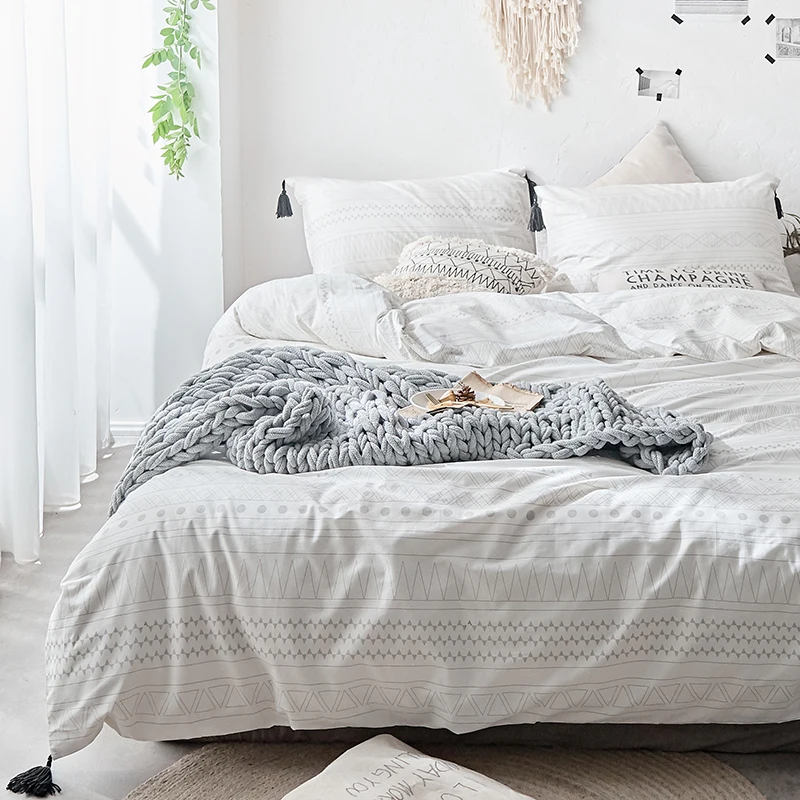 Pure Cotton Bedding Sets Bedclothes Zipper Set Modern Tasseled Duvet Cover Printed Queen | Дом и сад