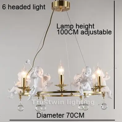Европейский медный светодиодный светильник-люстра в виде ангела для детей, подвесной светильник из смолы с кристаллами из латуни для фойе, гостиной - Цвет абажура: 6 headed chandelier
