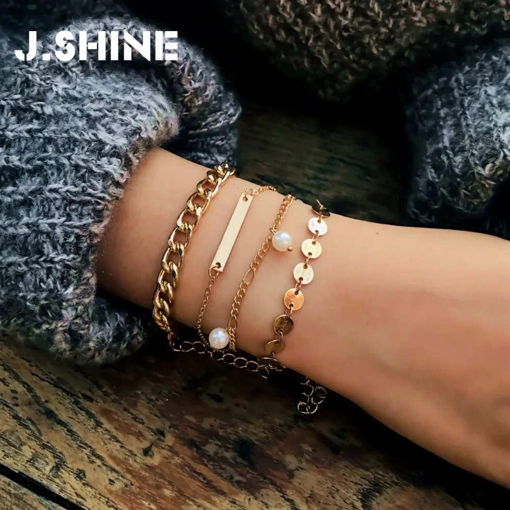 

JShine Classic Women's Bracelet 4 Pcs/Set Gold Silver Color Link Chain Stackable Charm Bracelet Bangles with Imitation Pearl