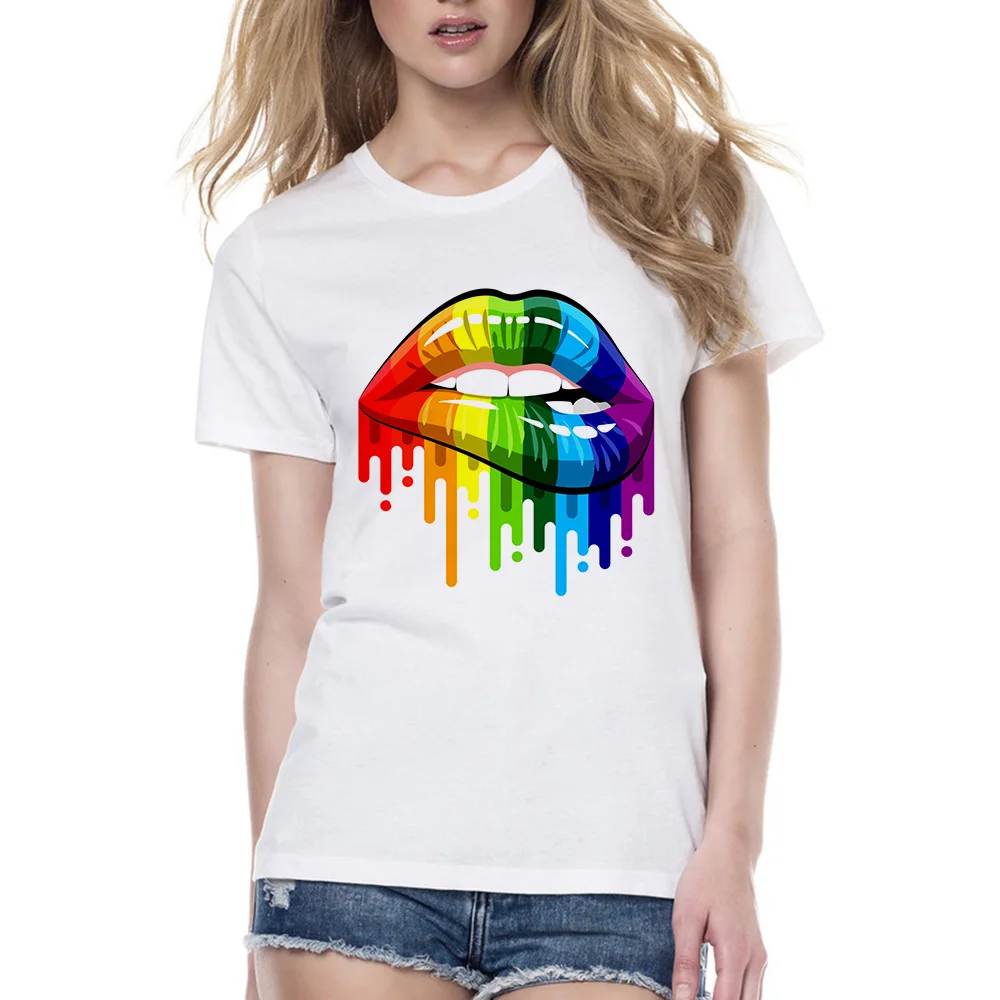 

Rainbow Pride Lips Summer T-shirt 2018 Women Harajuku Kwaii Girl T Shirt Cotton Casual Short Sleeve O-neck White Tshirt Female