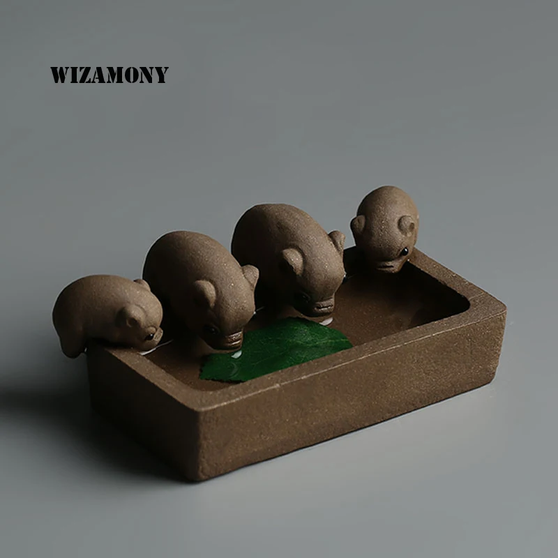 

1PCS WIZAMONY Tea Pet Little Pigs Drink Water Chinese Crude Pottery Home Decoration Tea Accessories