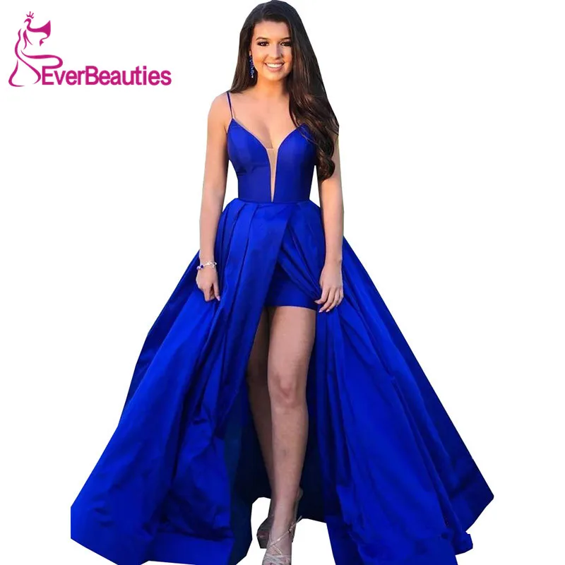 

Royal Blue Evening Dresses Long 2019 Satin Spaghetti Straps Evening Party Dresses V-neck Prom GownRobe De Soiree