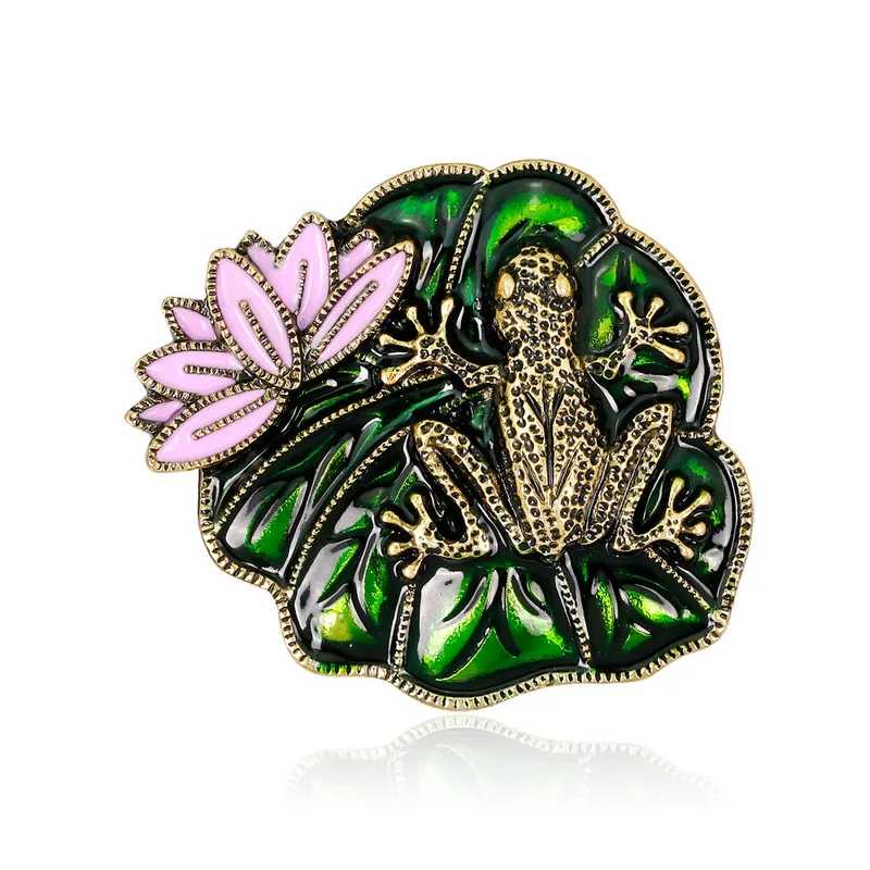 

Personality Lotus Leaf Lotus Alloy Dripping Oil Frog Vintage Brooch Pin for Girl Women Fashion Jewelry Corsage Accessories