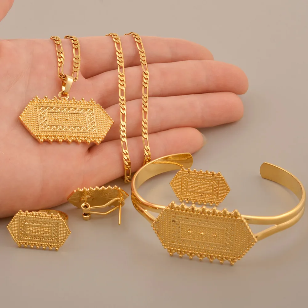 Золотой цвет африканский эритрейский в стиле хабеша, свадебные подарки эфиопские подвески ожерелья серьги, кольцо, браслет Ювелирные наборы# J0833
