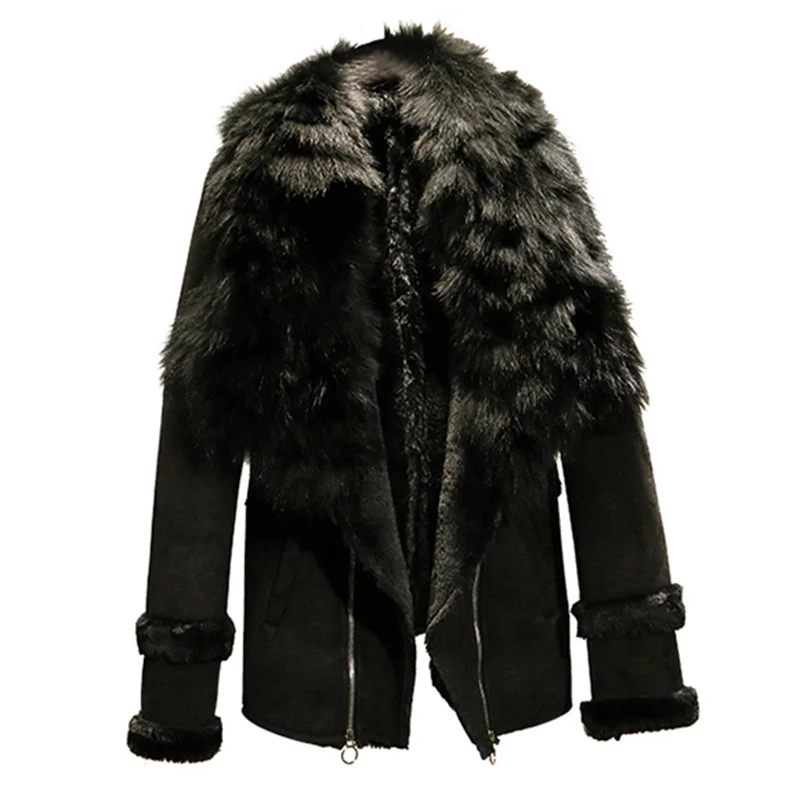 High quality 2018 New Autumn Winter Suede Leather Jacket Women Long sleeve Jacket Thick Real fox fur collar Warm Coat LF857