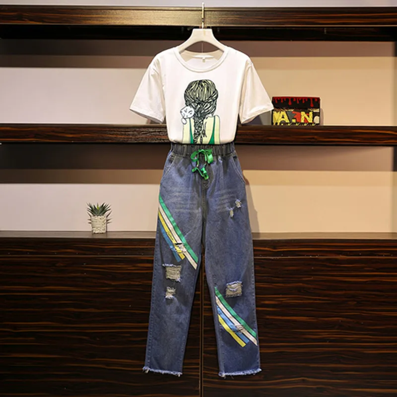 

2019 Summer Women 2 Pieces Set Harajuku Girl Printted Loose Cotton T shirt+Drawstring Ripped Calf-Length Jeans Denim Pant Suit