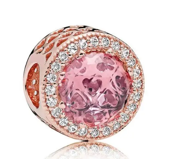 

925 Sterling Silver Bead Charm Rose Gold Openwork Radiant Hearts With Pink & Clear Crystal Bead Fit Pandora Bracelet DIY Jewelry