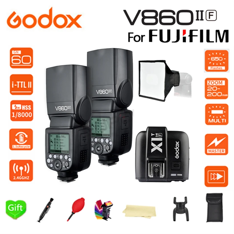 

Paypal Accpect, 2 * V860II-F Godox Flash Speedlight E-TTL HSS 1/8000 Li-ion Battery Speedlite Flash for Fujifilm fuji + X1T-F