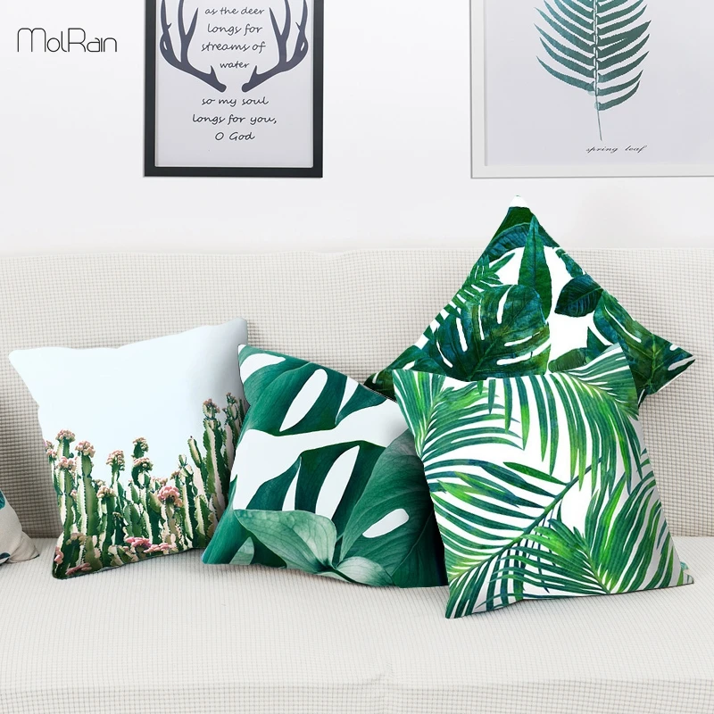 Наволочка для подушек с тропическими растениями, зеленые листья, модель декоративных подушек из полиэстера, подушка для дивана на талию, домашний декор, наволочка для подушек с принтом