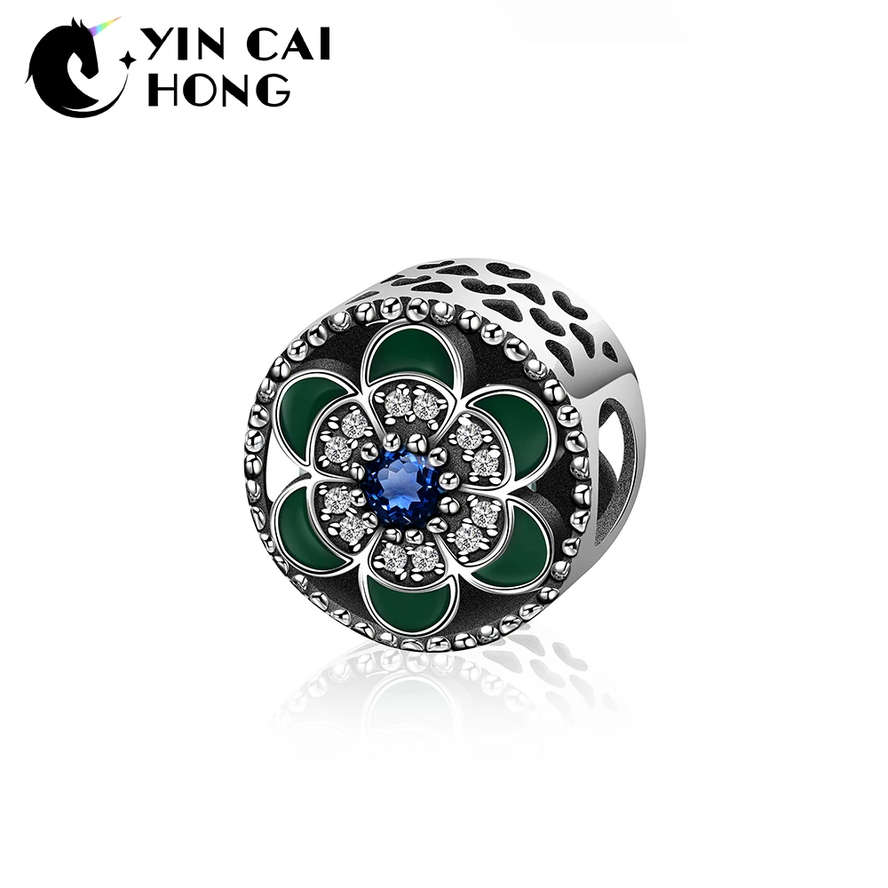 

YCH 100% 925 Sterling Silver Elegant Glitter Dazzling Inlaid Zircon Geometric Leaves Flowers Beaded Charm Original Jewelry