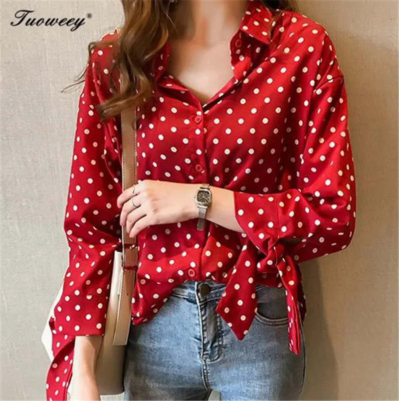 

Blouses for Women Summer Autumn Women Top Short Sleeve Casual Chiffon Blouse Female Work Wear Polka Dot White Blue Office Shirts