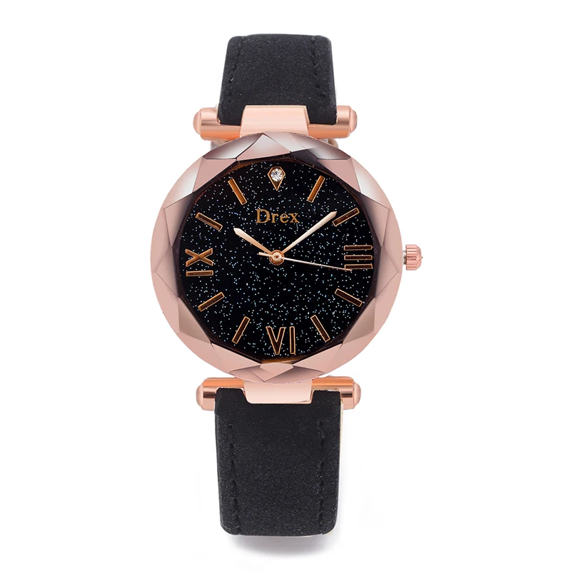 

New Brand Women Rosy Gold Crystal Starry Sky Quartz Watch Women Leather Strap Watches Relogio Feminino Ladies Wrist Casual Watch