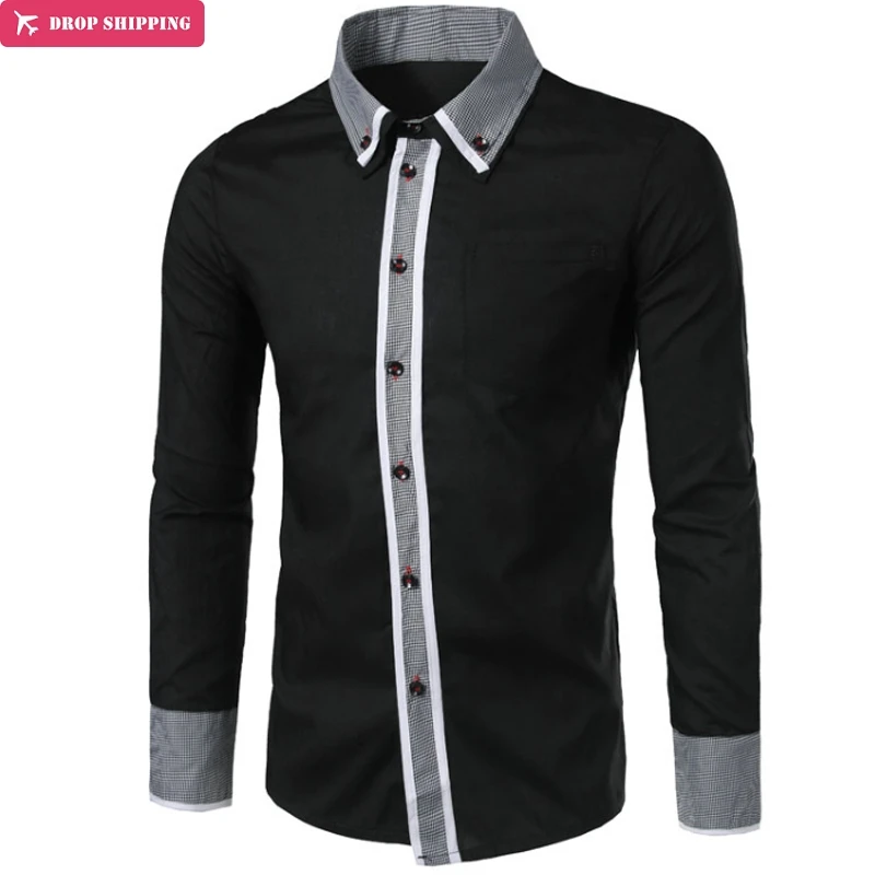 

Brand Fashion Male Shirt Long-Sleeves Tops Double Collar Collar Bird Grid Decoration Mens Dress Shirts Slim Men Shirt