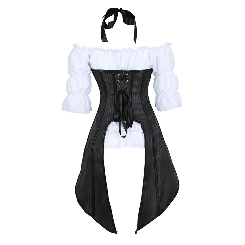 Steampunk Bustiers Corset Long Straps Top Vest with White Gothic Blouse Plus Size Black Burlesque Costume Two Pieces Korsett