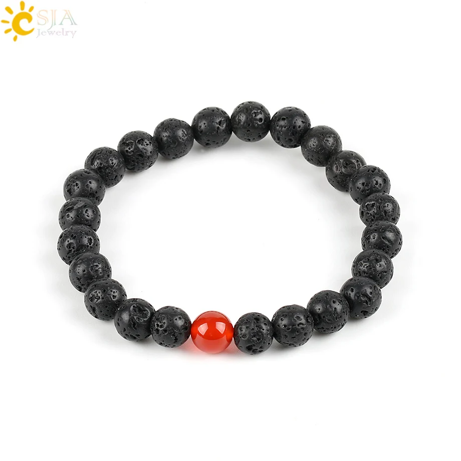 

CSJA Single Gem Stone Round Natural Black Lava Rock Volcano Sediment Energy Balance Elastic Strand Beaded Bracelets Jewelry P109