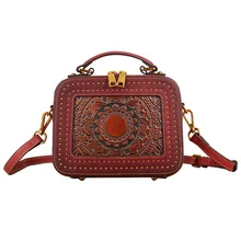 Nesitu New Flower Pattern Vintage Brown Grey Red Green Genuine Leather Small Women's Handbag Shoulder Messenger Bag Tote M3039