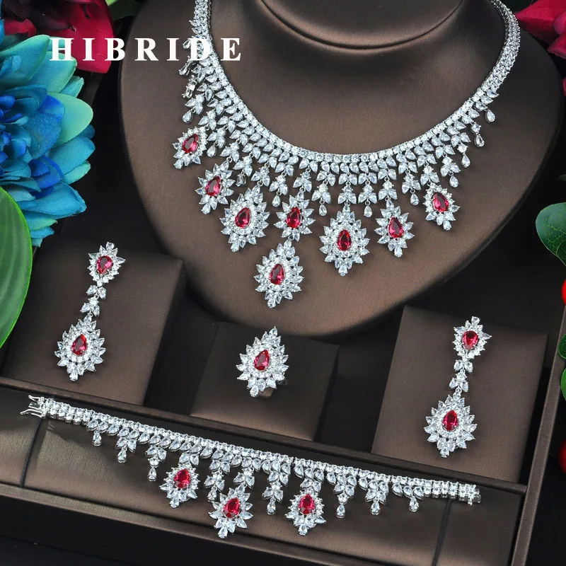 

HIBRIDE Elegant Brilliant Red Big Cubic Zircon Dubai Jewelry Sets For Women Bridal Wedding Accessories Jewelry Gifts N-723