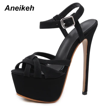 

Aneikeh 2019 NEW Fashion Classics Flock Sandals Women's Gladiator Buckle Strap Thin High Heels Solid Sandals Dress Party Black