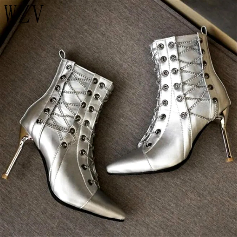 

2019 New Chain Tassel Ankle Boots Women for Autumn Winter Fashion Pointed Toe High Heel Boots Zipper Woman Boots Plus Size 35-43