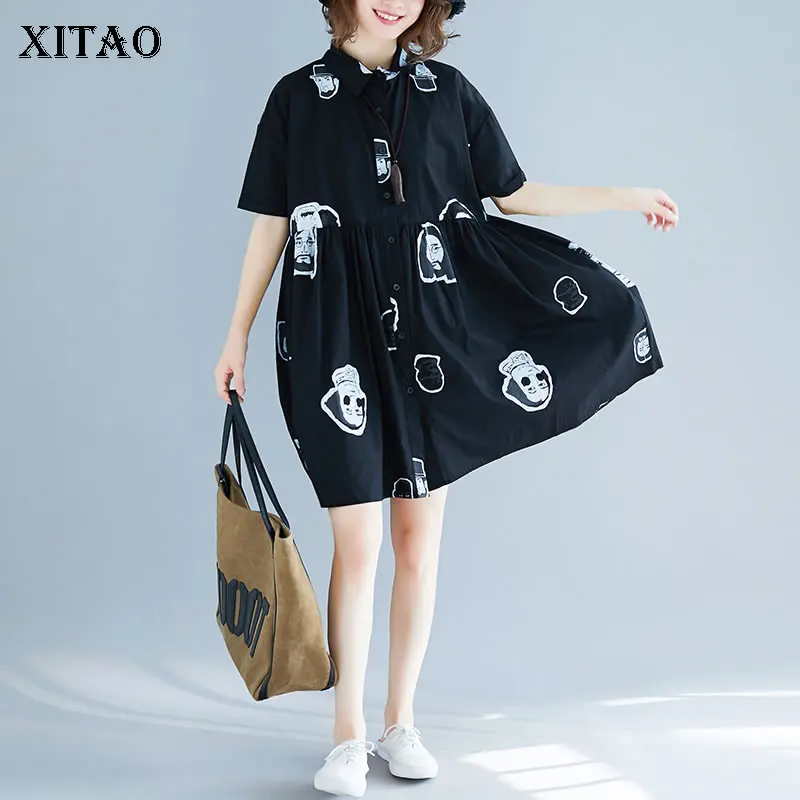 

[XITAO] Summer 2019 New Arrival Women Casual Fashion Literature Patchwork Turn-down Collar Short Sleeve Match All Dress DLL3220