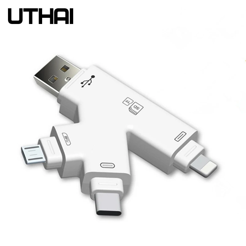 UTHAI C30 USBC Lightning мультикардридер 4в1 type-c/Lightning/MicroUSB/USB адаптер для iPhone 7 8 X Plus TF/SD кардридер - Цвет: White