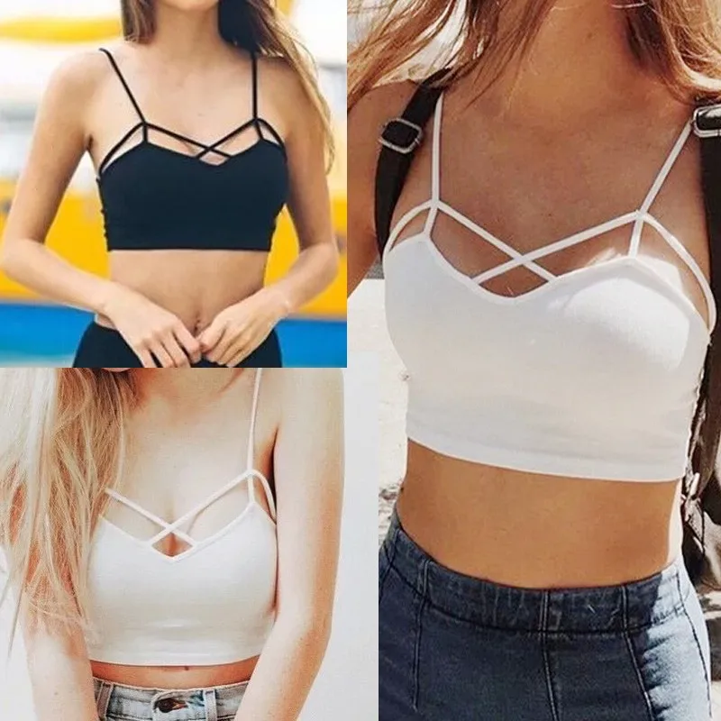 Hot Sexy Women Cut Out Black Tank Short Shirt Bralette Sandal Crochet Cropped Blouses Bandage Halter Sleeveless Camisole