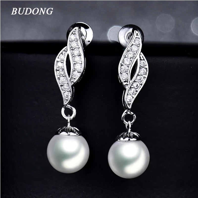 

BUDONG imitation Pearl hanging Zirconia Long Dangle Infinity Earring for Women Wedding White Silver Color Earring Jewelry XUE175