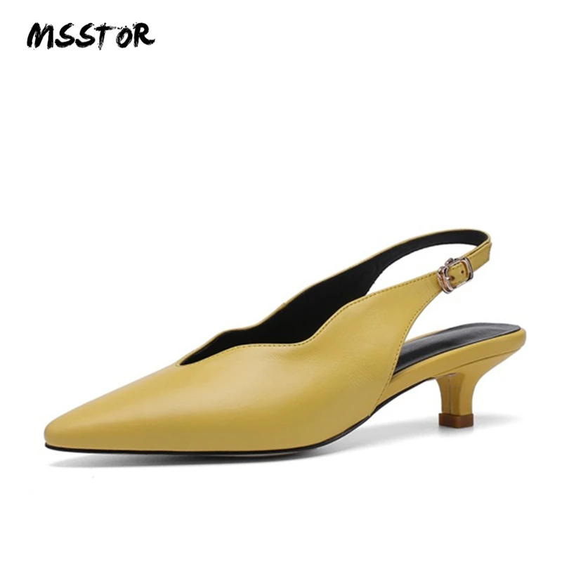 

MSSTOR Pointed Toe Yellow Heels Casual Genuine Leather Concise Solid Rubber Summer 2019 Buckle Strap High Heels Sandals Women