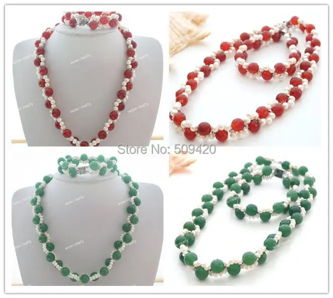 

Free p&p Wholesale FS65630>>>>A SET CHARMING 8MM FACETED JADE & WHITE PEARL NECKLACE BRACELET FREE SHIPPING