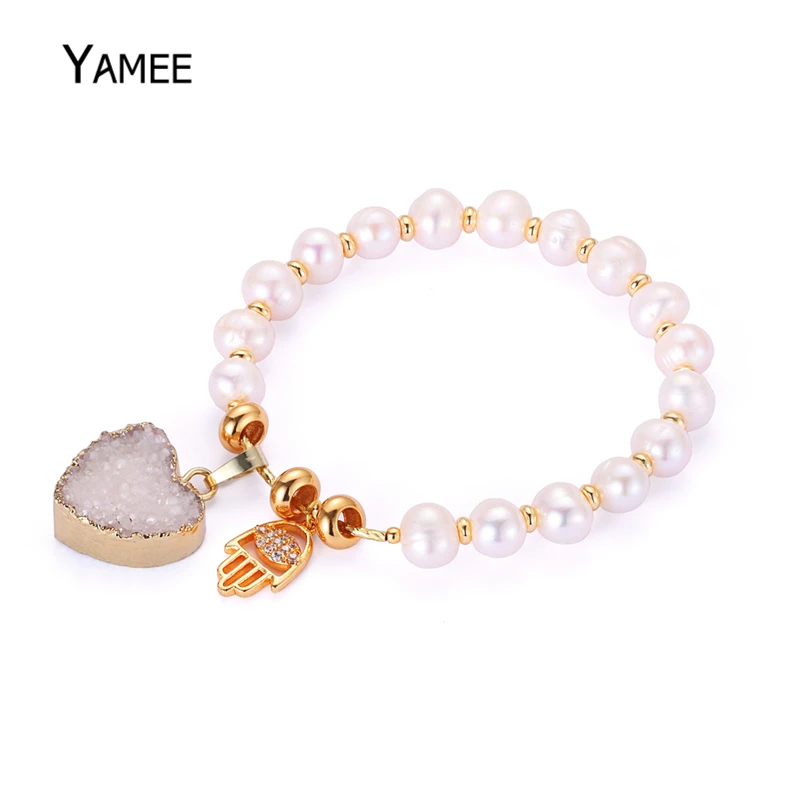 

Unique Heart Raw Mineral Natural Druzy Quartz Pendant Cute Pave CZ Hamsa Evil Eye Freshwater Pearl Elastic Rope Bracelet Charms