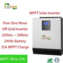 Солнечный инвертор 3Kva MPPT 2400W автономный инвертор Чистая синусоида инвертор Встроенный 25A MPPT контроллер переменного тока зарядное устройство 24Vdc батарея