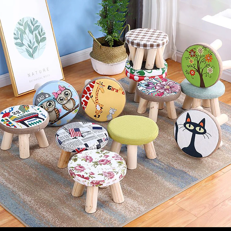 Cute Small Children Chair Wood Stools Kids Shoes Sofa with Creative Simple Plush Cartoon Round Shoe Chair  Kindergarten Chair