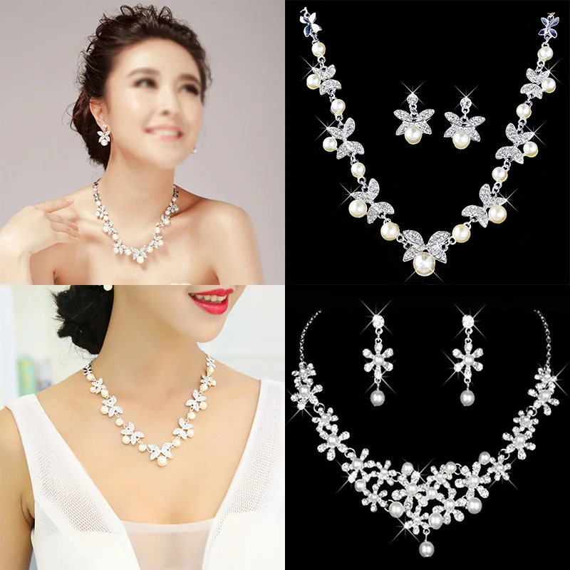 

Fashion Women Jewelry Wedding Necklace for Bridal Pearls Necklaces Set Rhinestone Crystal Drop Pendant Necklace for Bride Female