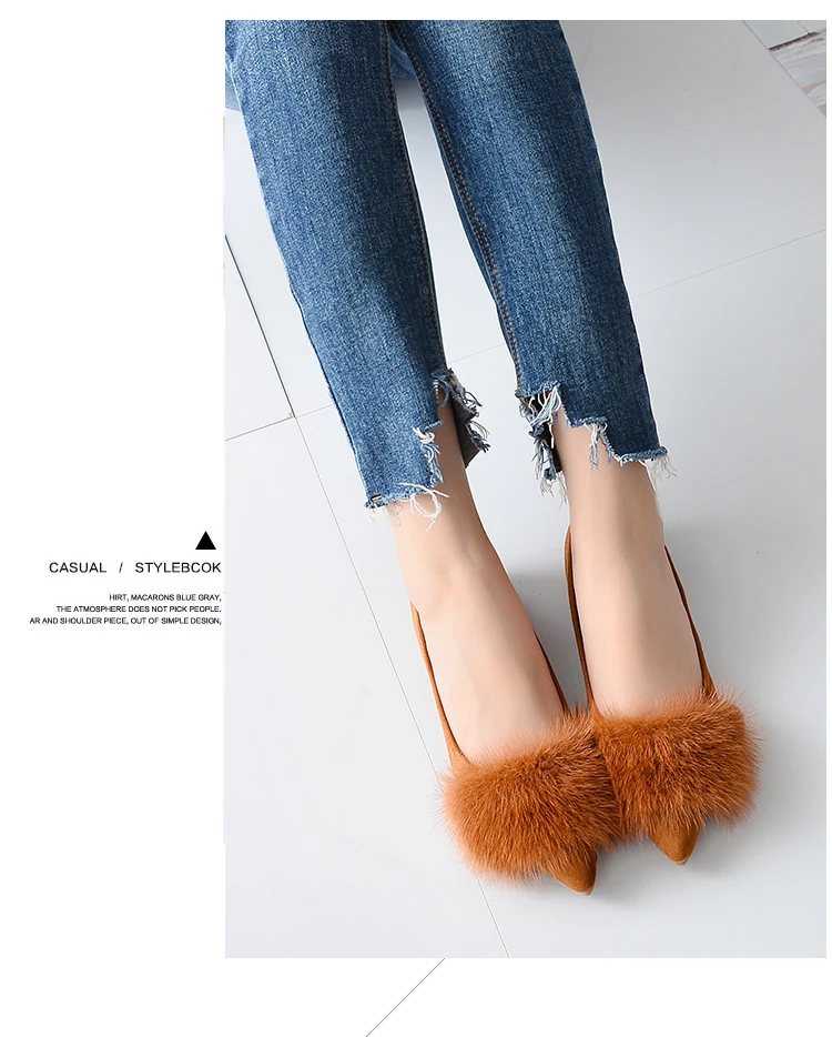 Luxury designer mink hair pointed toe creepers flats shoes high quality flock ballet flats women cozy moccasins big size 34-41