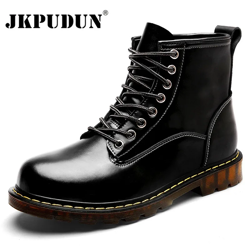 

JKPUDUN Winter Rubber Boots Men Genuine Leather Warm Fur Work Ankle Boots Casual Shoes Men's Military Boots Snow Cowboy Bota Bot