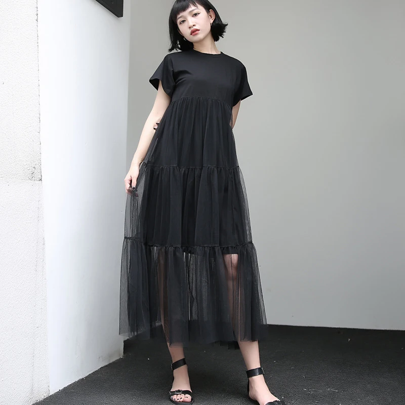 TWOTWINSTYLE Сетчатое платье для женщин, короткий рукав, пэтчворк, высокая талия, драпированные асимметричные платья, летняя Милая одежда - Цвет: black