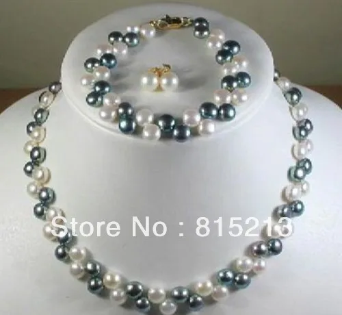 

ddh00245 Beautiful! 2Rows7-8MM Black White Pearl Necklace Bracelet Earrings Set