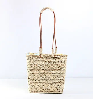 

New simple fashion pure handmade corn leather cowhide put canvas shoulder lady straw Bag beach bag