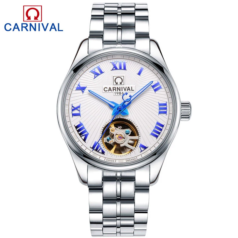 

Carnival Watch Men Hollow Automatic Mechanical Luminous Silver Stainless Steel Waterproof multifunction Watches