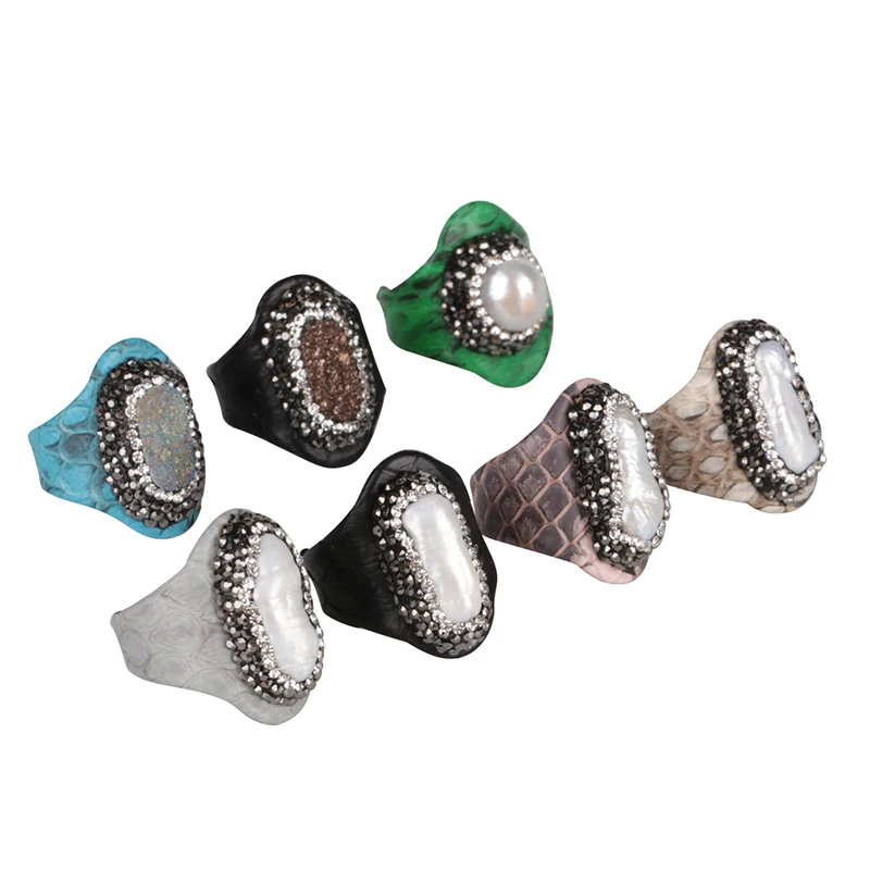 

KEJIALAI Natural Freshwater Pearl Crystal Charm Pave Rhinestone In Real Snake Python Leather Open Rings Cuff Adjustable Unisex