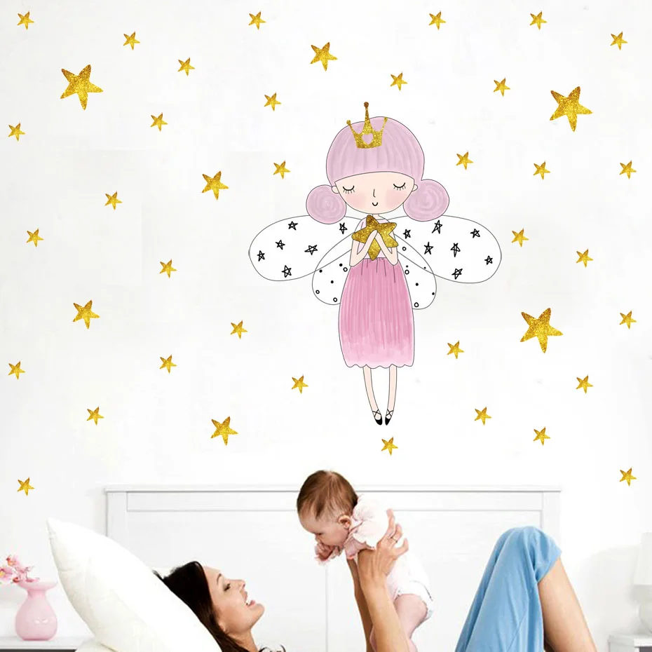 

Fairy Stars Wall sticker 44 pcs gold stars cartoon fairy girl Vinyl Wall Stickers for Kids Room Girls room Decor Vinilos Parede