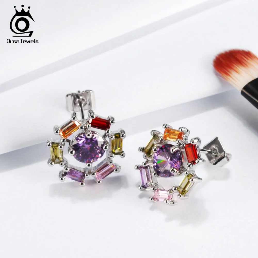 

ORSA JEWELS Luxury Female Stud Earrings Prong Setting Multicolor AAA Cubic Zircon Fashion Women Party Earring Jewelry Gift OE181