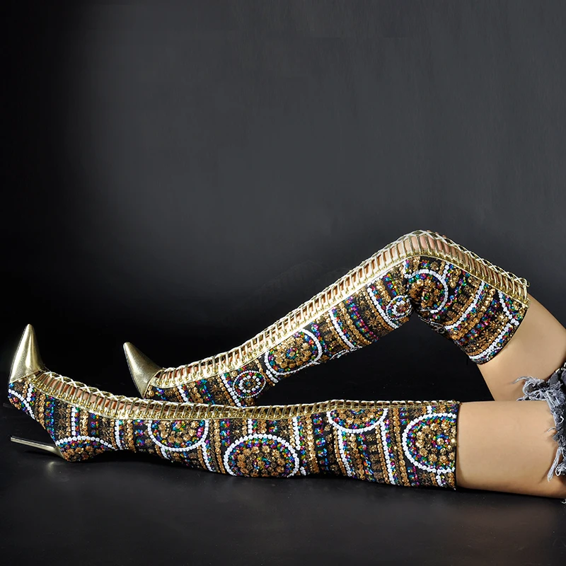 red Internationalen Frauen Heels Knie Kreuz Stiefel Schuhe Die High Gebunden Sommer Winter Sinsaut Gold Zeigen Tuch Pailletten Über Tw6qwC
